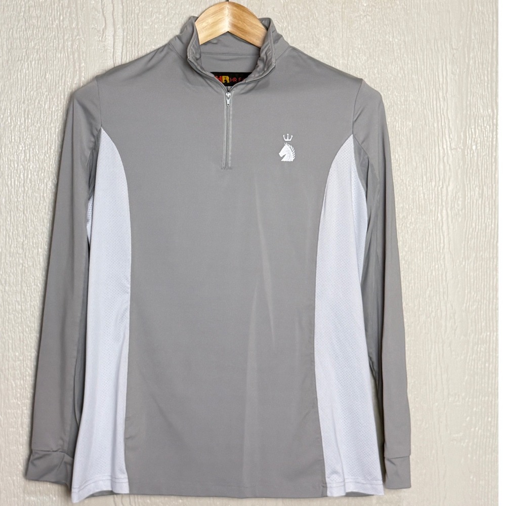 HR Farm Equestrian Sun Shirt Grey White Quarter Zip Long Sleeve Mesh Panels L